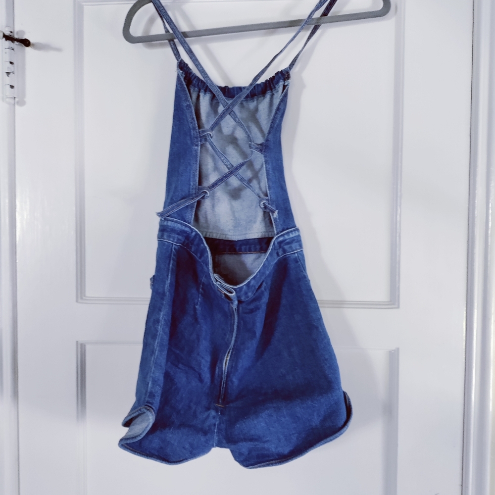 Stoned Immaculate Jean Geanie Romper Denim Jumpsuit With Lace Up Back - Picture 8 of 12